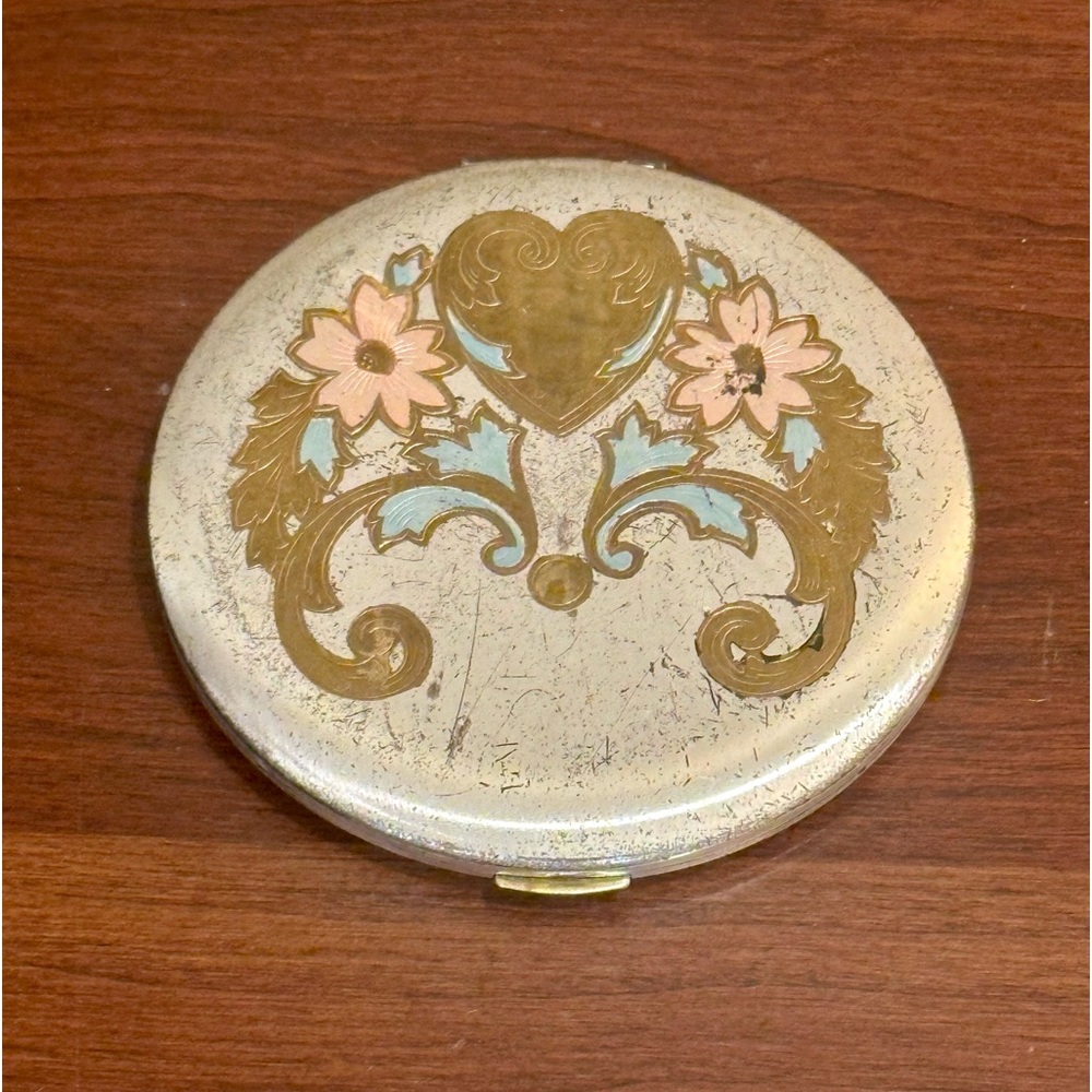 🌟HP🌟VTG 1950s Zell Fifth Avenue Silver & Gold Tone Metal Compact Heart & Floral